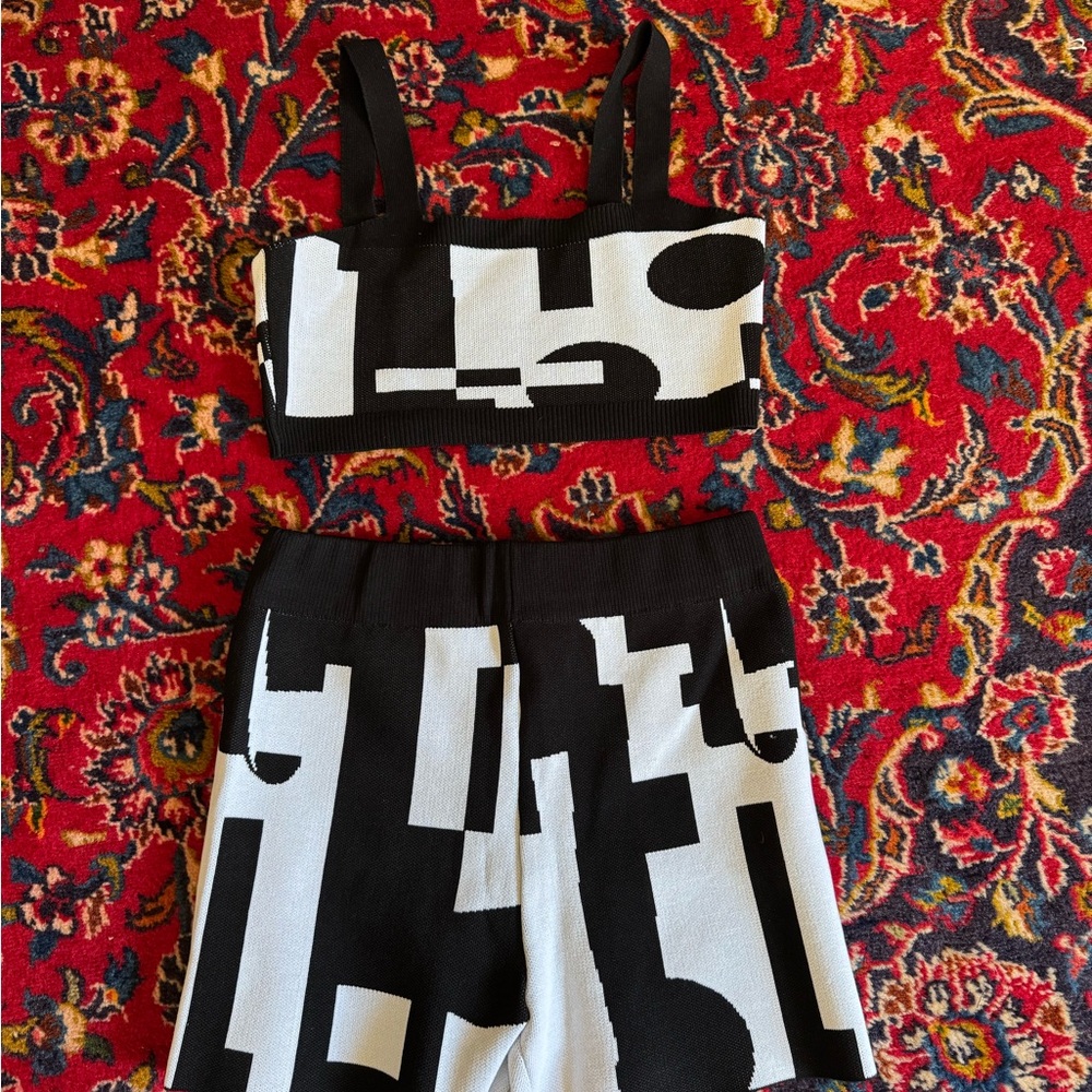 Black and White Geometric Crop Top and Shorts Set